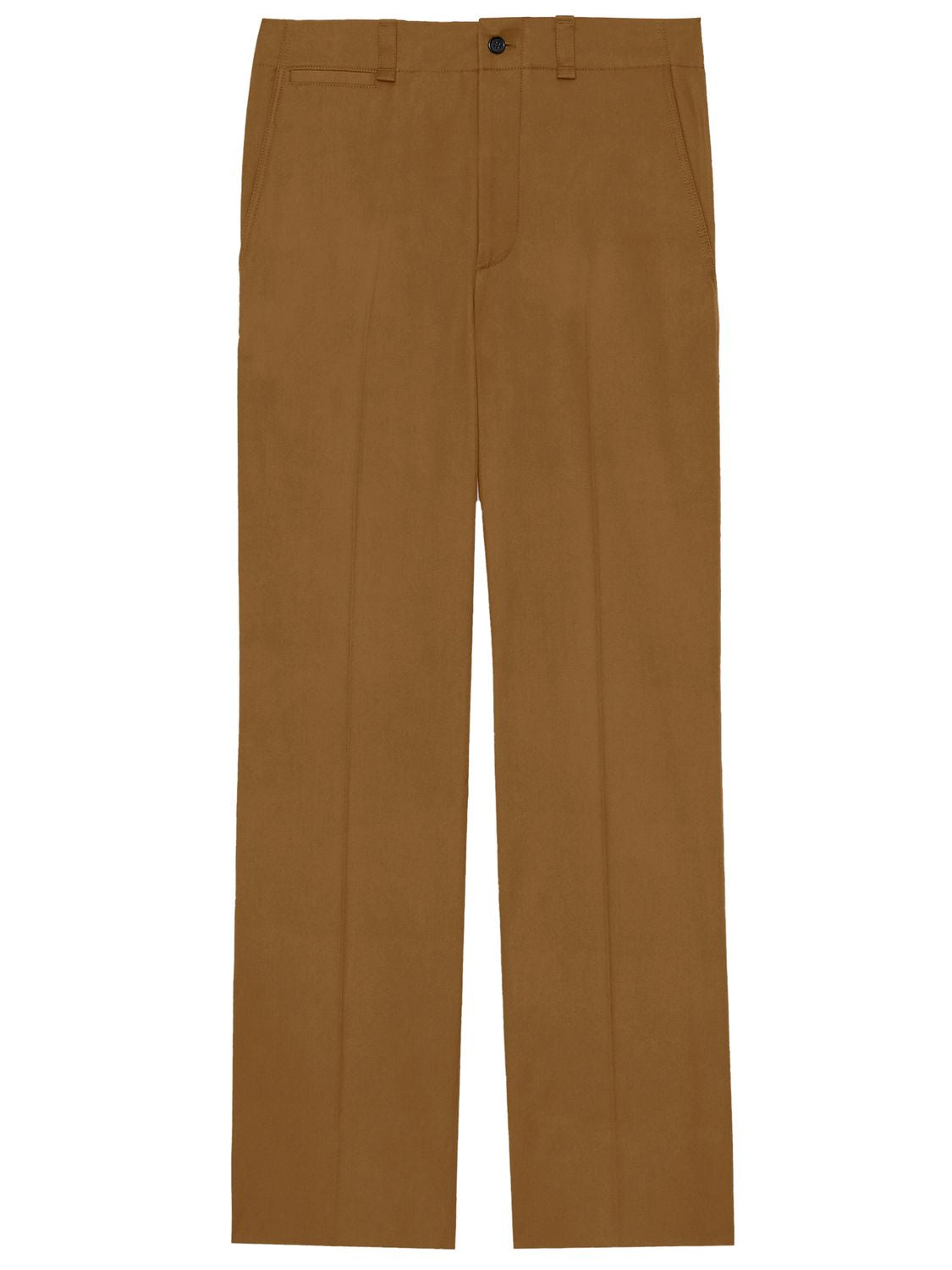 棕色纯棉斜纹裤 - 中腰设计，拉链纽扣式开合，合身版型