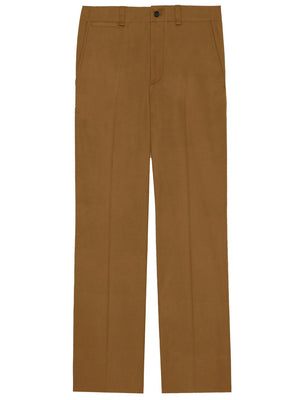 棕色纯棉斜纹裤 - 中腰设计，拉链纽扣式开合，合身版型