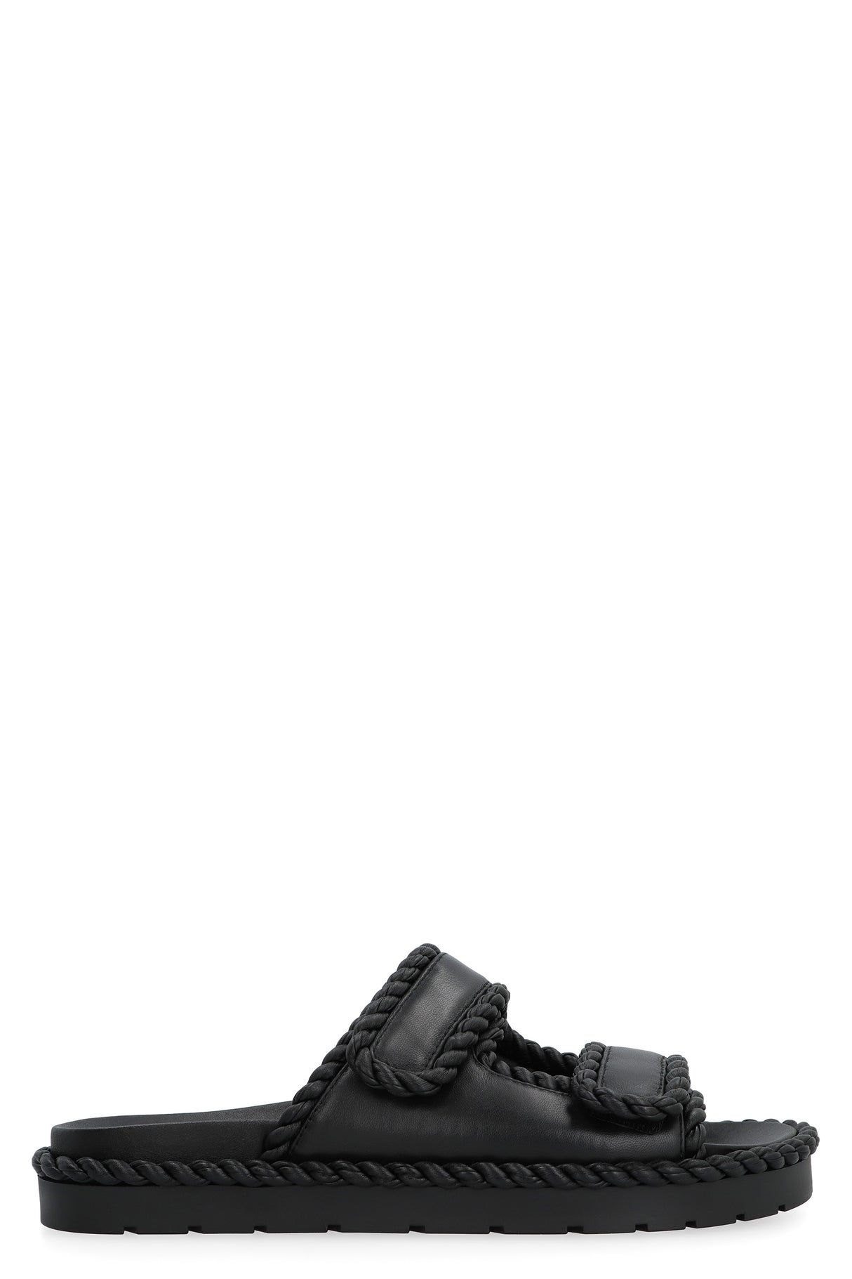 BOTTEGA VENETA Black VELCRO Strap Vegan Leather Sandals for Women with Round Toe and Smooth Lamb Lining