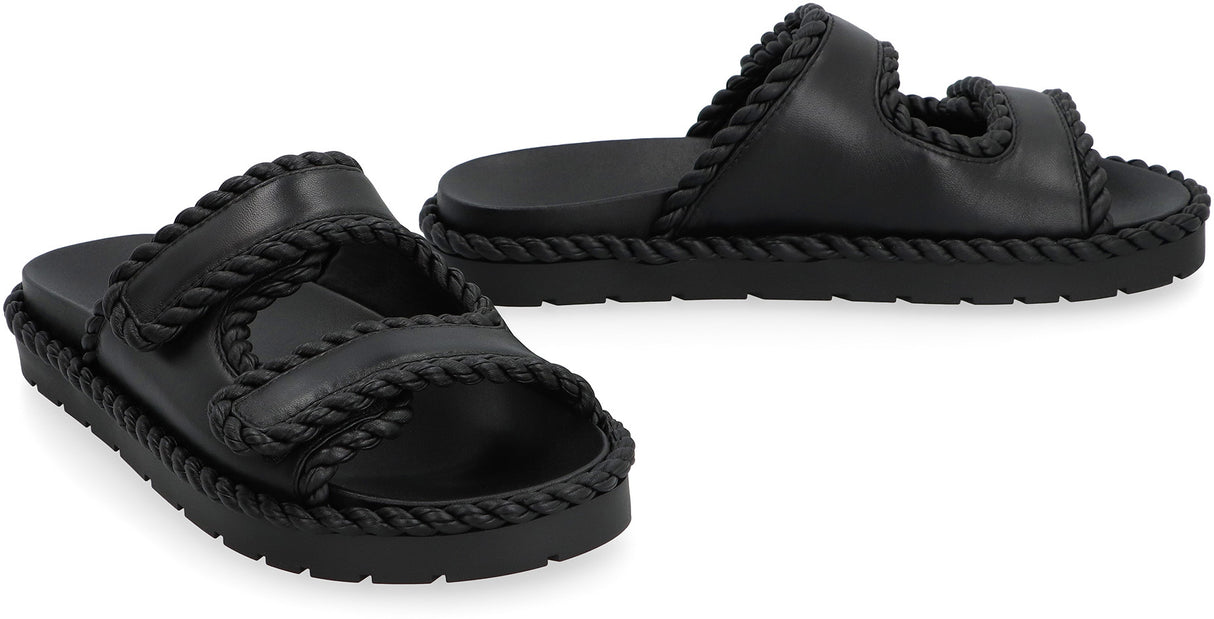 BOTTEGA VENETA Black VELCRO Strap Vegan Leather Sandals for Women with Round Toe and Smooth Lamb Lining