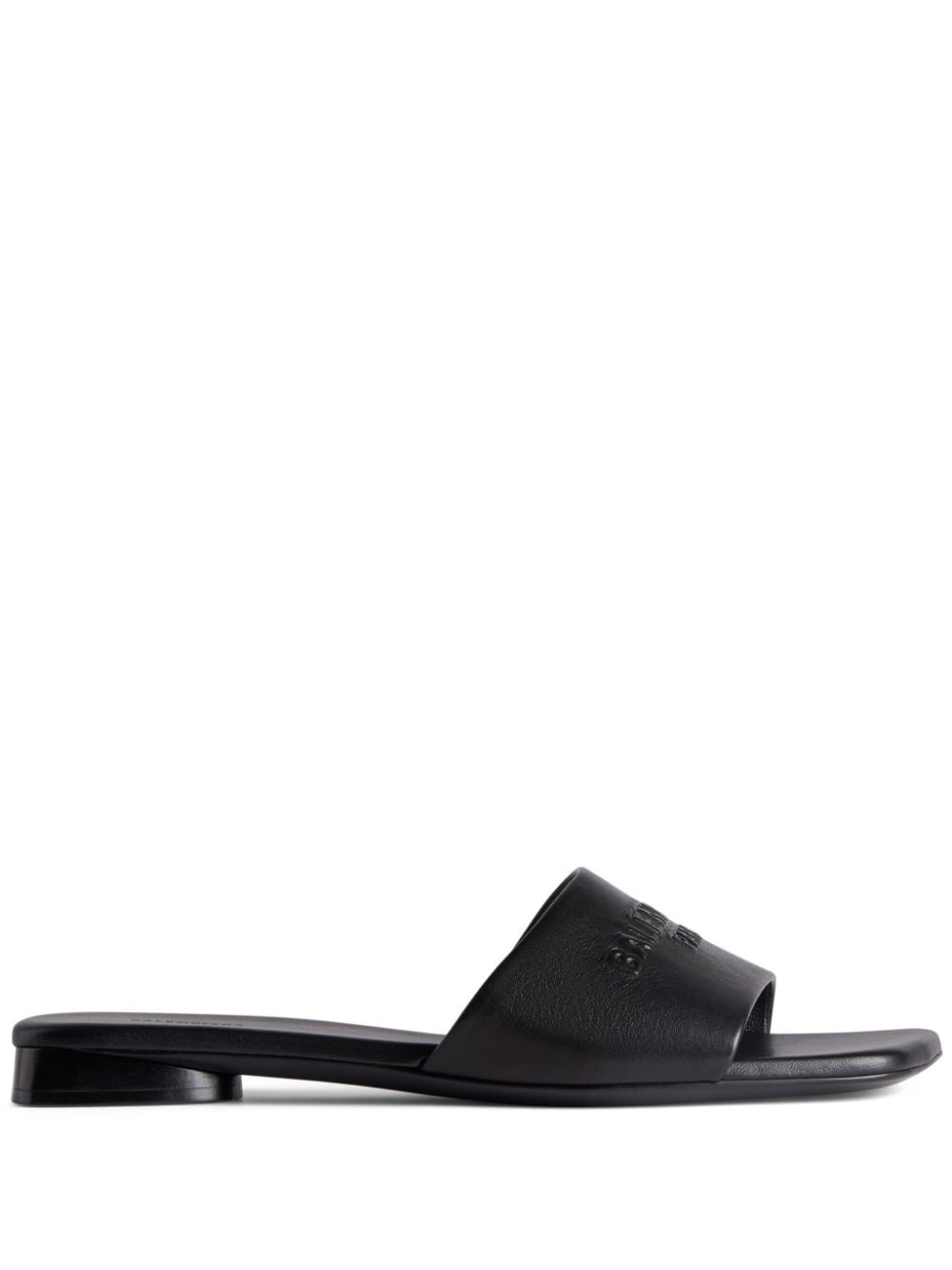 BALENCIAGA Black Leather Flat Sandals for Women with Embossed Logo and Slip-On Style