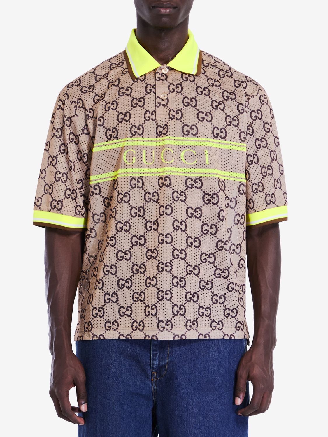 GUCCI Elegant Beige & Ebony Polo with Lime Accents