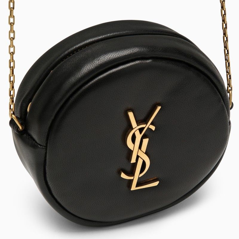 SAINT LAURENT Small Black Leather Round Crossbody Bag with Slim Chain Strap and Gold-Tone Monogram