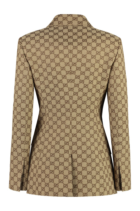 GUCCI Beige Double-Breasted Original GG Fabric Jacket with Padded Shoulders for Women