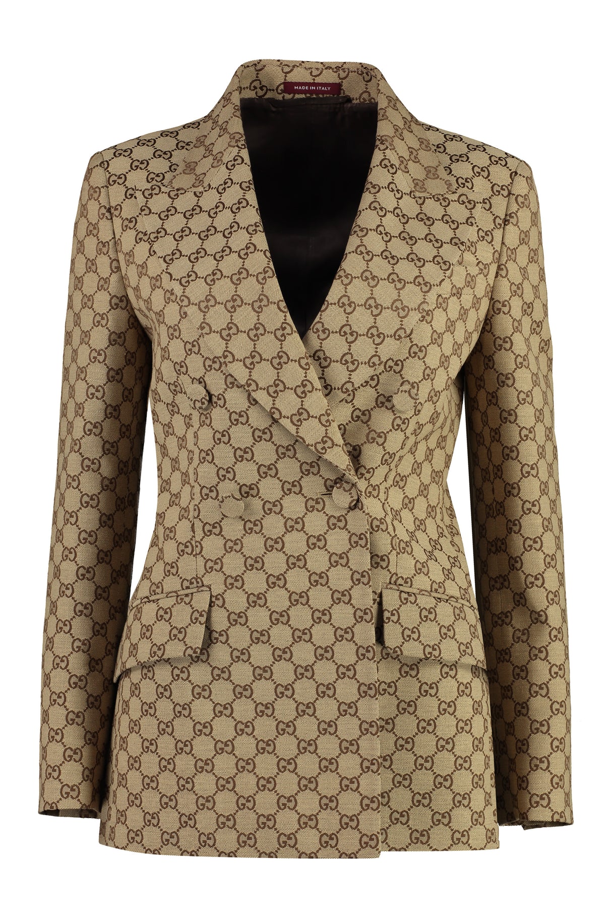 GUCCI Beige Double-Breasted Original GG Fabric Jacket with Padded Shoulders for Women
