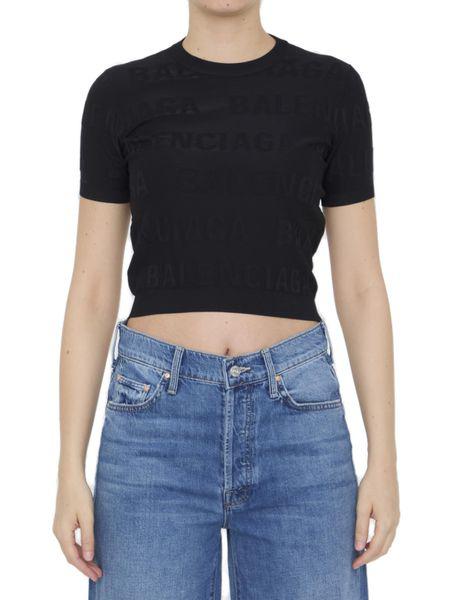 BALENCIAGA Black All Over Logo Cropped Pullover for Women