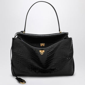 BALENCIAGA Large Croc-Print Black Calfskin Handbag