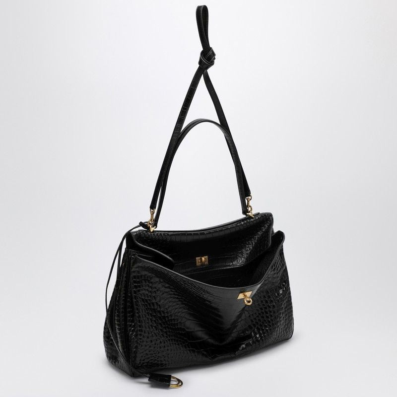 BALENCIAGA Large Croc-Print Black Calfskin Handbag