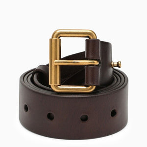 SAINT LAURENT Brown Leather Logo-Squared Buckle Belt for Women