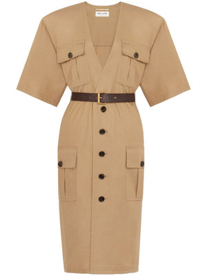 SAINT LAURENT Elegant Beige Cotton Midi Dress with Belt