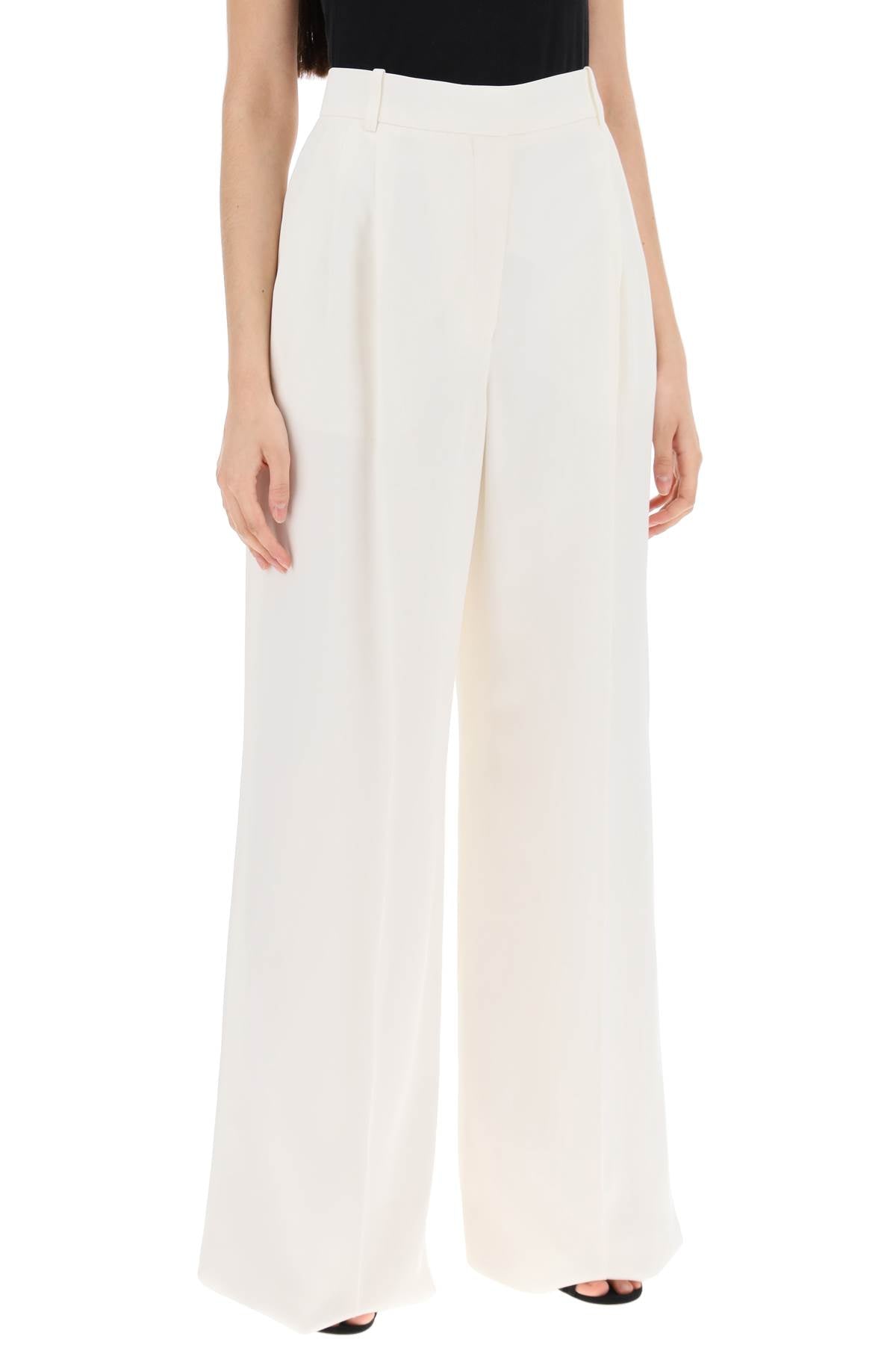 Glossy White High-Waisted Palazzo Pants with Double Front Pleat