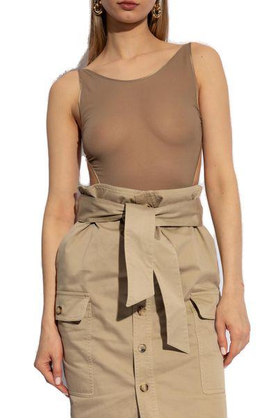 SAINT LAURENT Beige Semi-Sheer Silk Georgette Bodysuit for Women