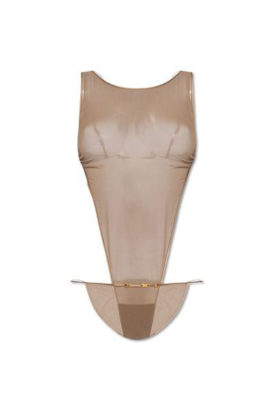 SAINT LAURENT Beige Semi-Sheer Silk Georgette Bodysuit for Women