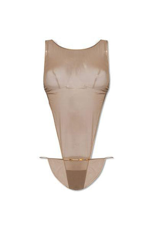 SAINT LAURENT Beige Semi-Sheer Silk Georgette Bodysuit for Women