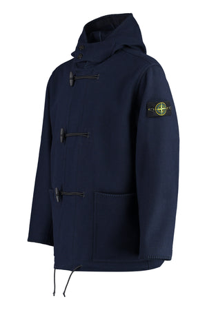 STONE ISLAND Mens Blue Wool Blend FW23 Jacket with Removable Logo Patch and Antler Fastening