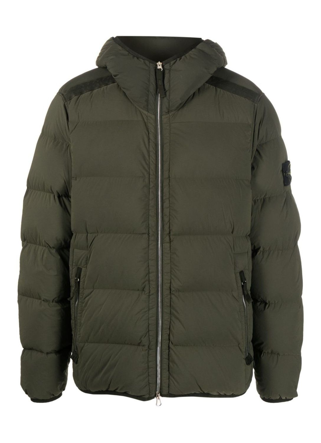 Men's Green Down Jacket with Removable Logo Patch and Zippered Pockets