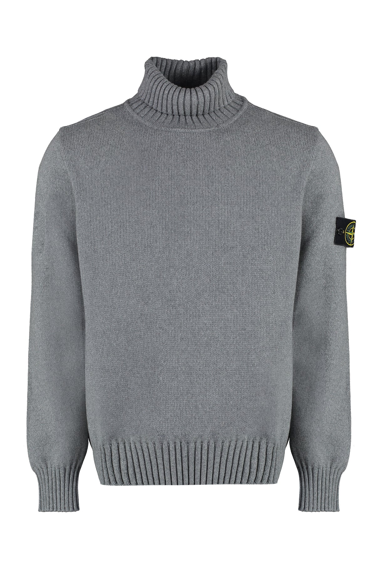 STONE ISLAND Men's Grey Cotton-Blend Sweater with Removable Logo Patch and Ribbed Edges