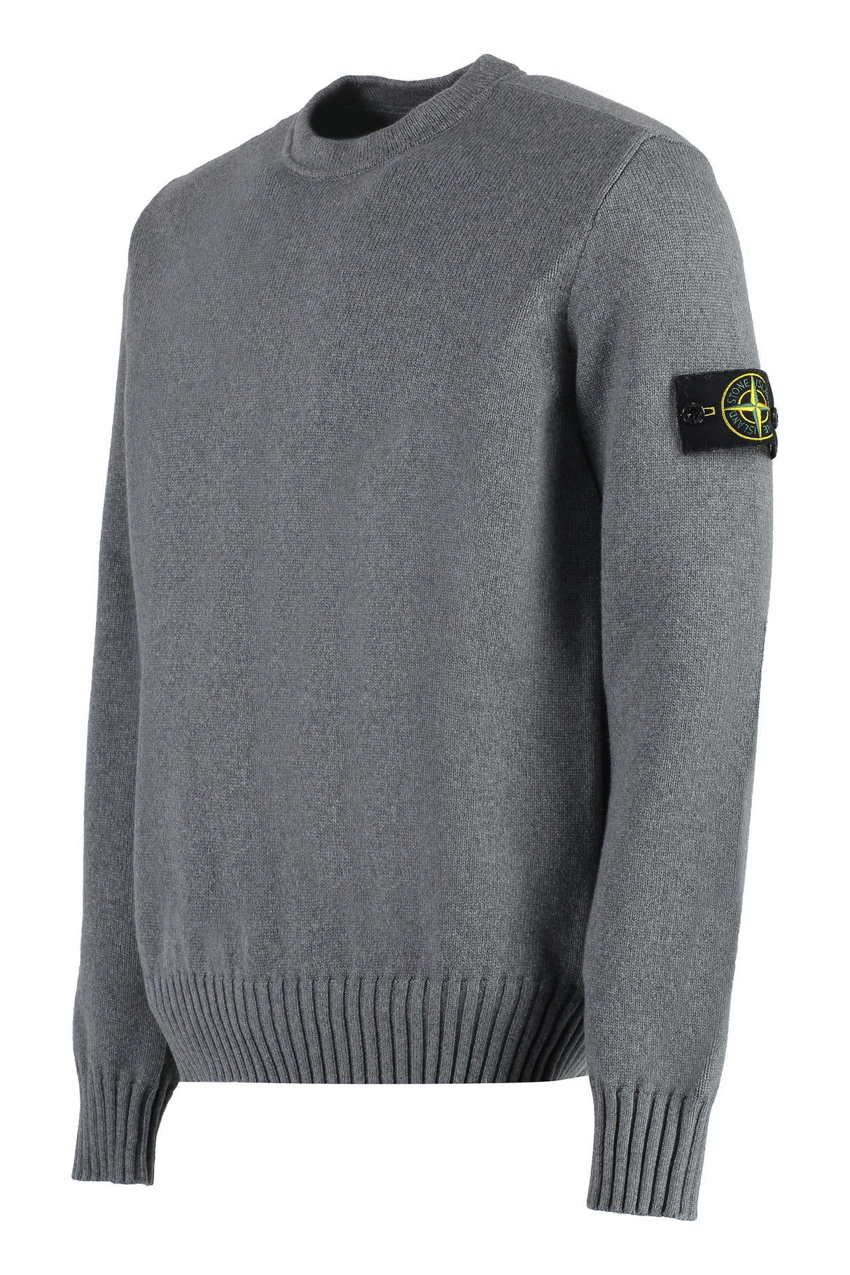 STONE ISLAND Grey Cotton Blend Crew-Neck Sweater with Removable Logo Patch and Ribbed Knit Edges for Men