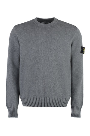 STONE ISLAND Grey Cotton Blend Crew-Neck Sweater with Removable Logo Patch and Ribbed Knit Edges for Men