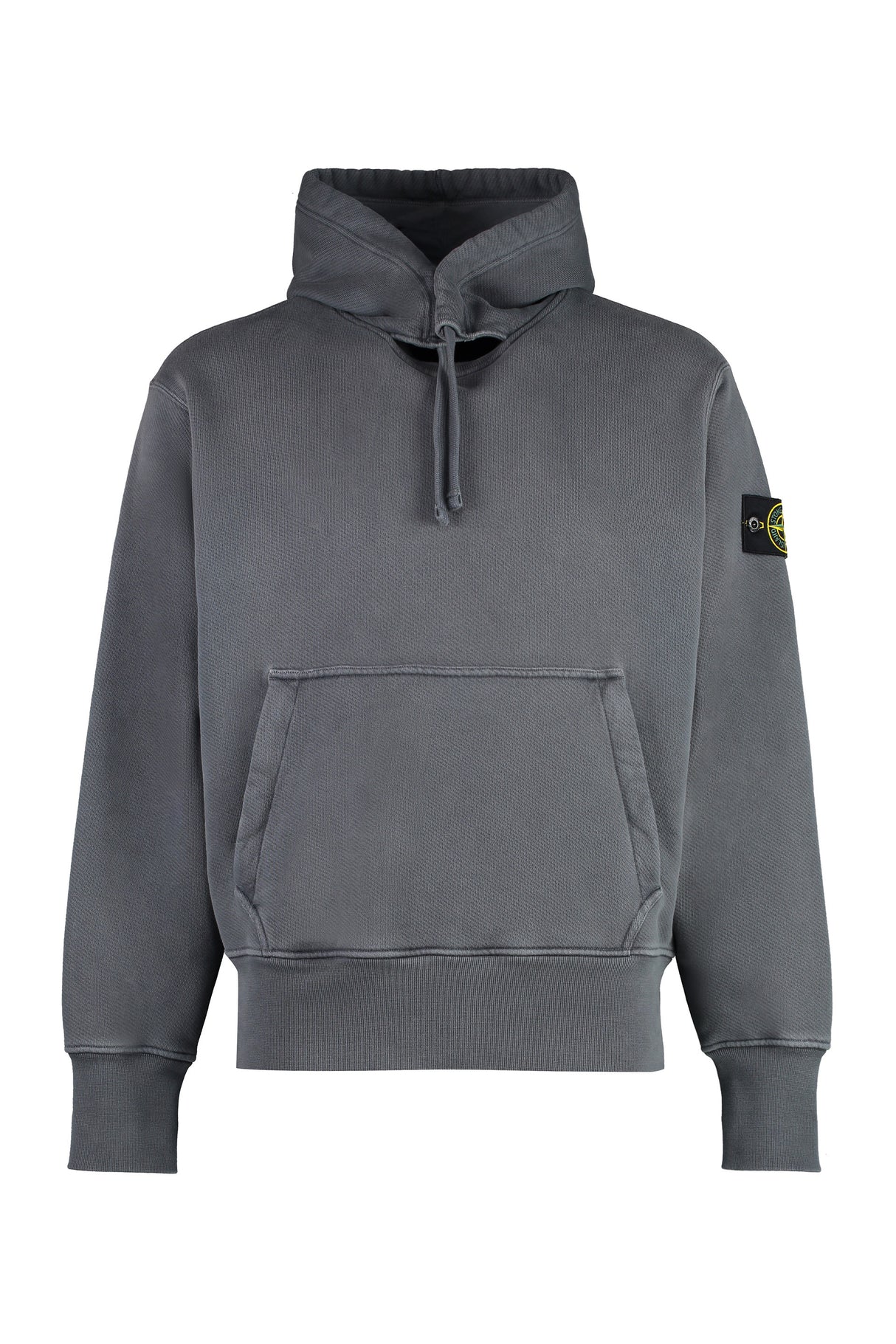 STONE ISLAND Gray Cotton Hoodie with Removable Logo Patch and Roll-Up Cuffs