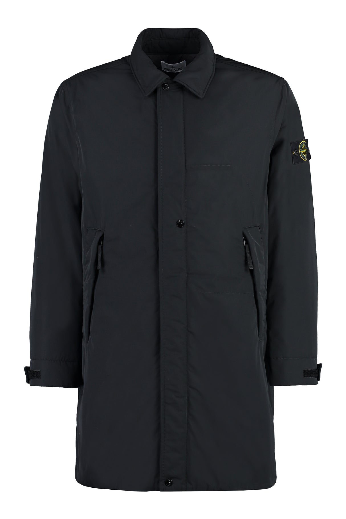 Men's Black Parka Jacket with Classic Collar and Removable Logo Patch