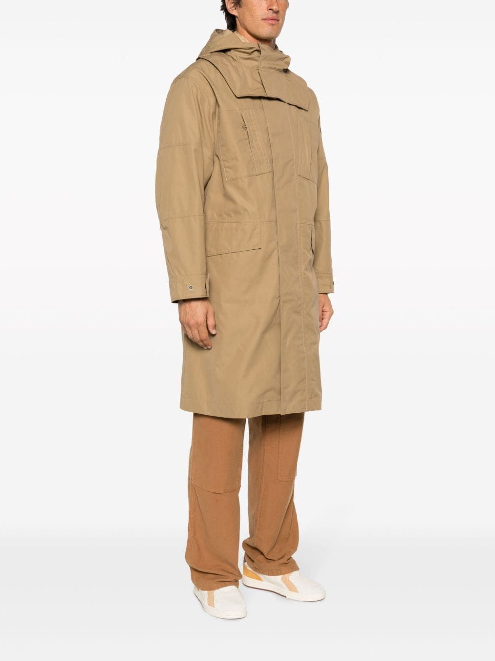 Beige Windproof Parka Jacket for Men with Detachable Hood and Panels