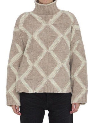 BOTTEGA VENETA Elegant Beige Wool Turtleneck Sweater with Argyle Pattern