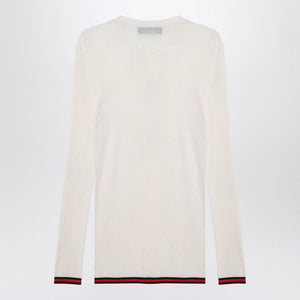 GUCCI Silk Crewneck Long Sleeve T-Shirt with Web Ribbon Cuffs and Hem