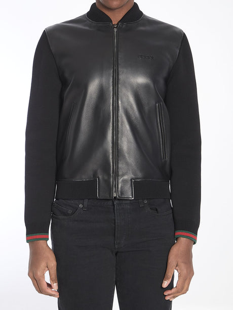 GUCCI Men's Nappa Leather and Knit Bomber Jacket - Size 50