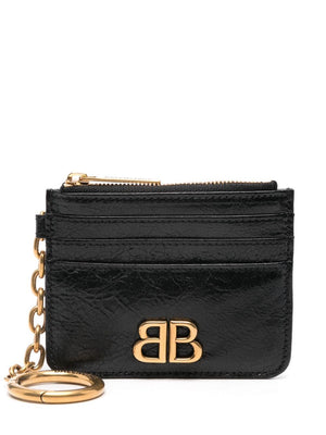 BALENCIAGA Mini Black Card Holder Zip Keychain