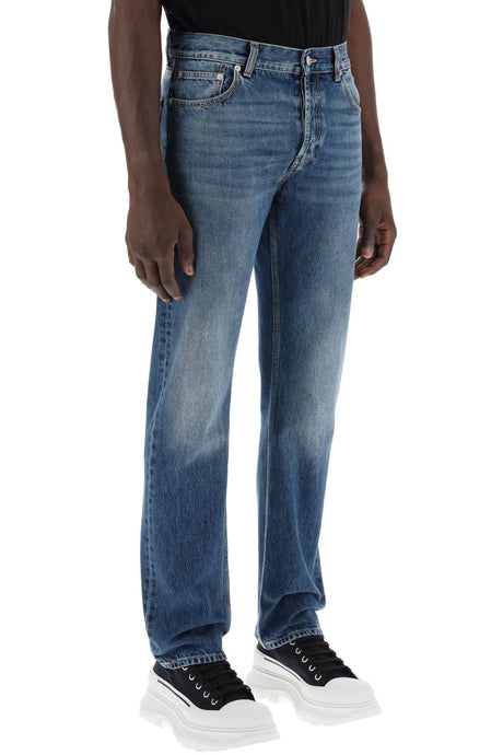 ALEXANDER MCQUEEN Men's Medium Wash Straight Leg Jeans with Distressed Look