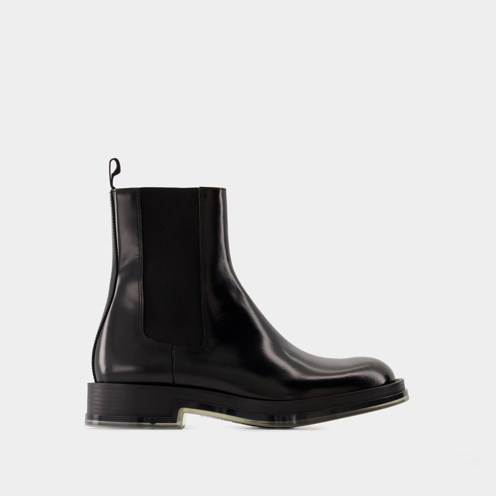 ALEXANDER MCQUEEN Men's Chelsea Float Ankle Boots - Glossy Black Leather, Transparent Sole