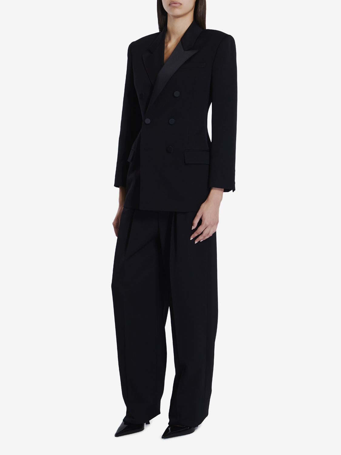 SAINT LAURENT Elegant High-Waisted Wide-Leg Black Wool Trousers