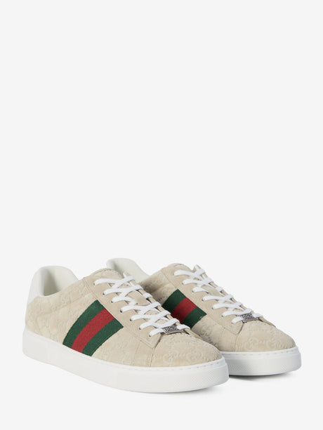 GUCCI Ace Beige Suede Sneakers with Signature Webbing - 3cm