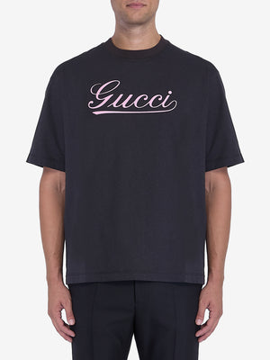 GUCCI Oversized Black Crewneck T-Shirt with Italic Print