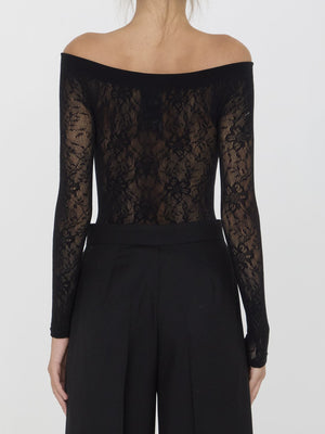 SAINT LAURENT Floral Patterned Black Tricot-Knit Bodysuit - Tight Fit