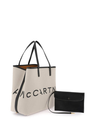 STELLA MCCARTNEY Beige Canvas Tote Handbag with Logo Print and Vegan Leather Trims