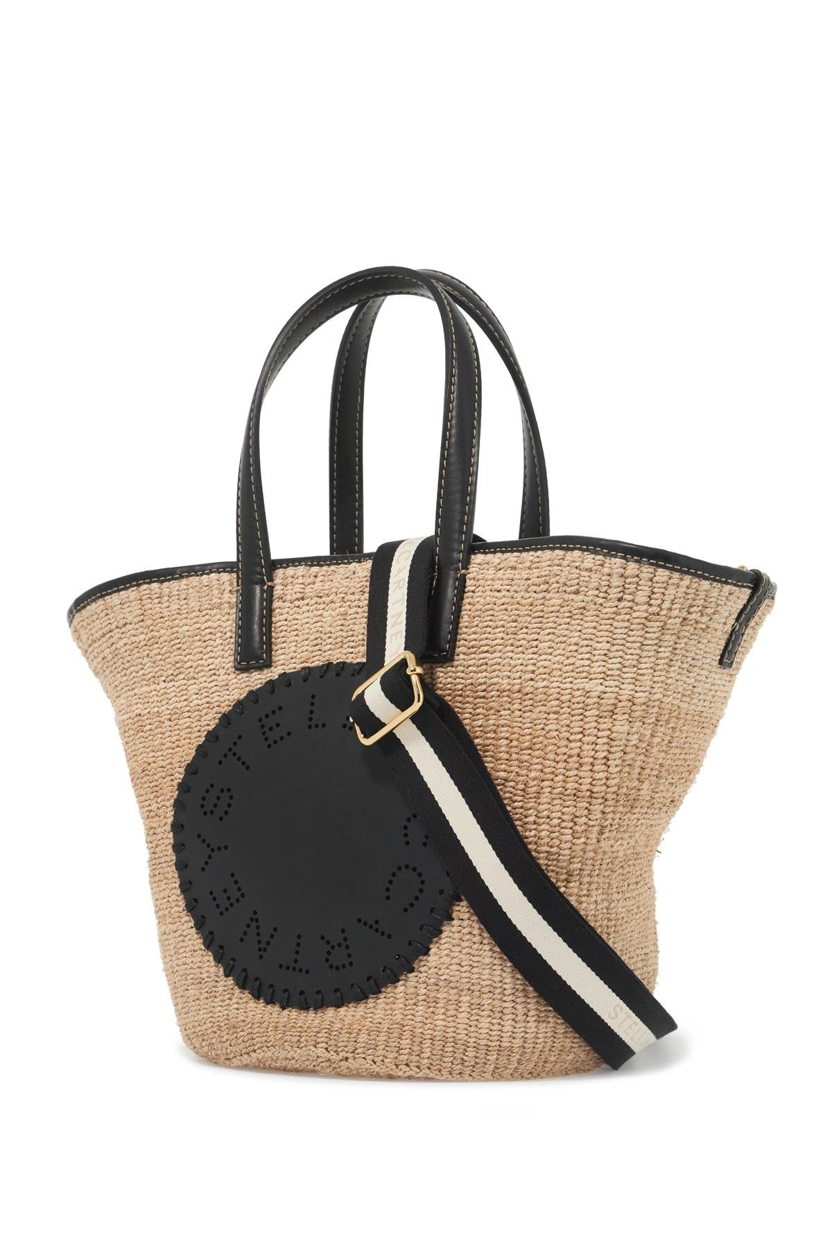 STELLA MCCARTNEY Beige Woven Raffia Shoulder Handbag with Perforated Faux Leather Logo