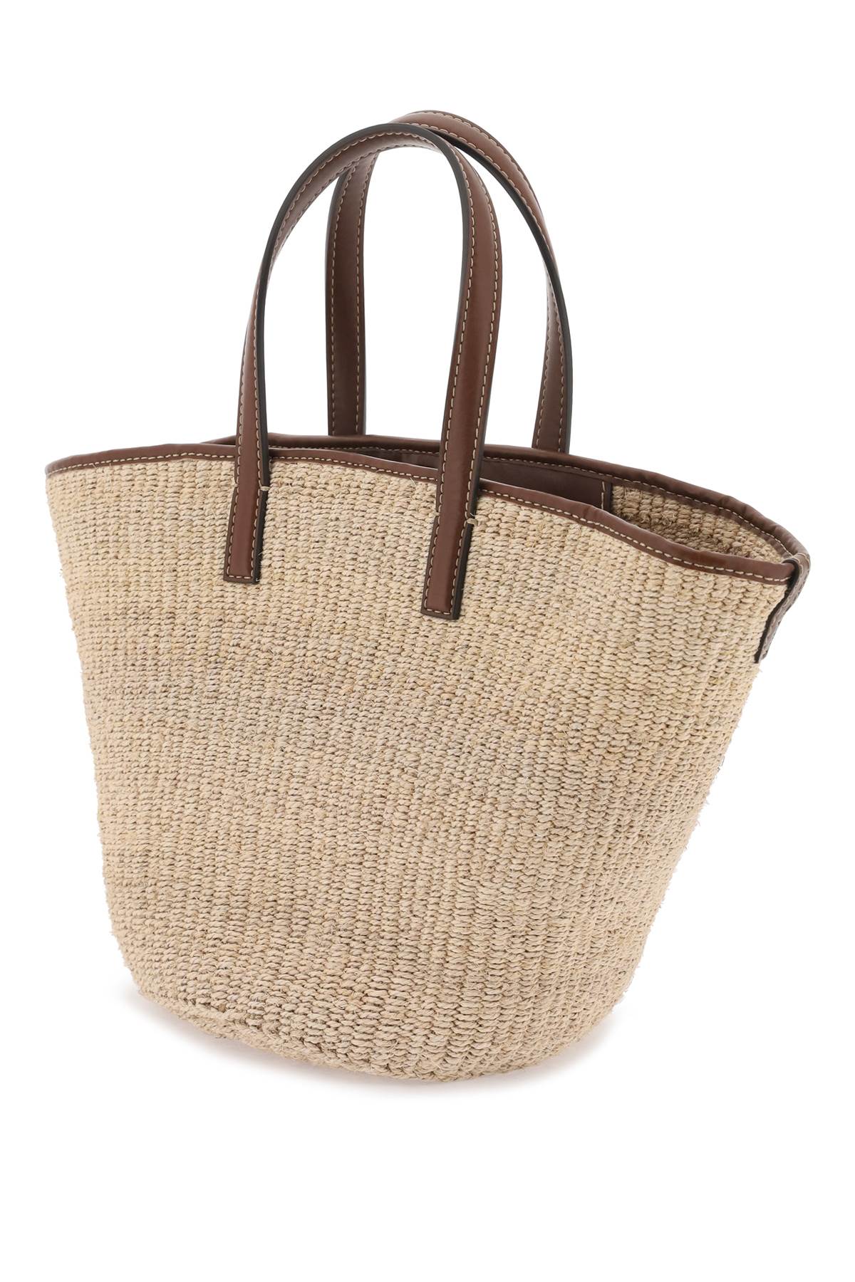 STELLA MCCARTNEY Beige Woven Raffia Shoulder Handbag with Perforated Faux Leather Logo