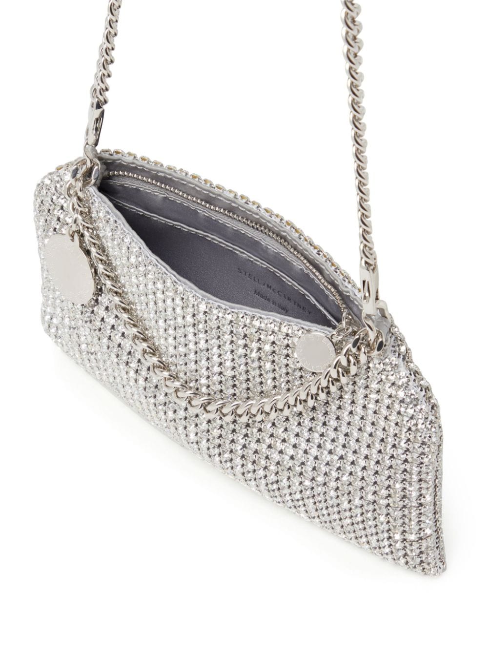 STELLA MCCARTNEY Eco-Luxe Silver Crystal Mini Clutch with Chain Strap