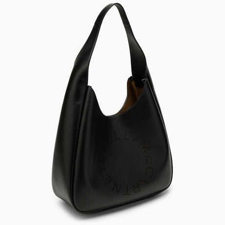 STELLA MCCARTNEY Black Faux Leather Medium Tote with Perforated Logo and Suede Interior