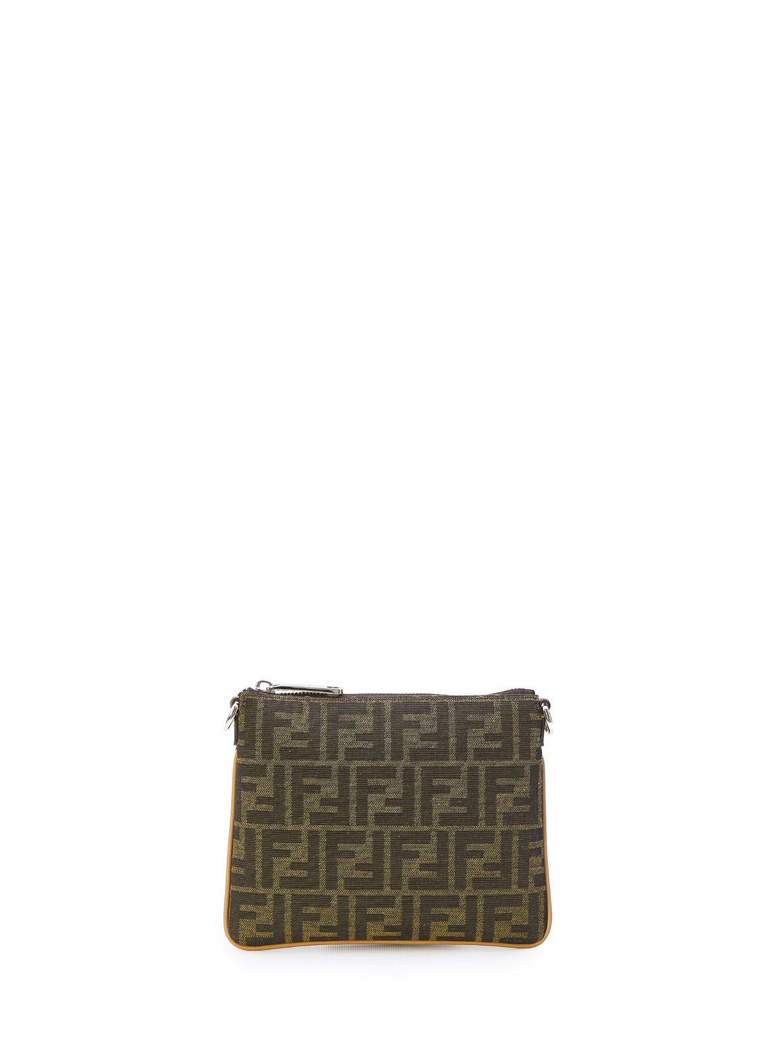 FENDI Mini Jacquard Crossbody Clutch in Tan with Beige Leather Accents, Adjustable Strap, and Zip Closure - 20.5x1 cm