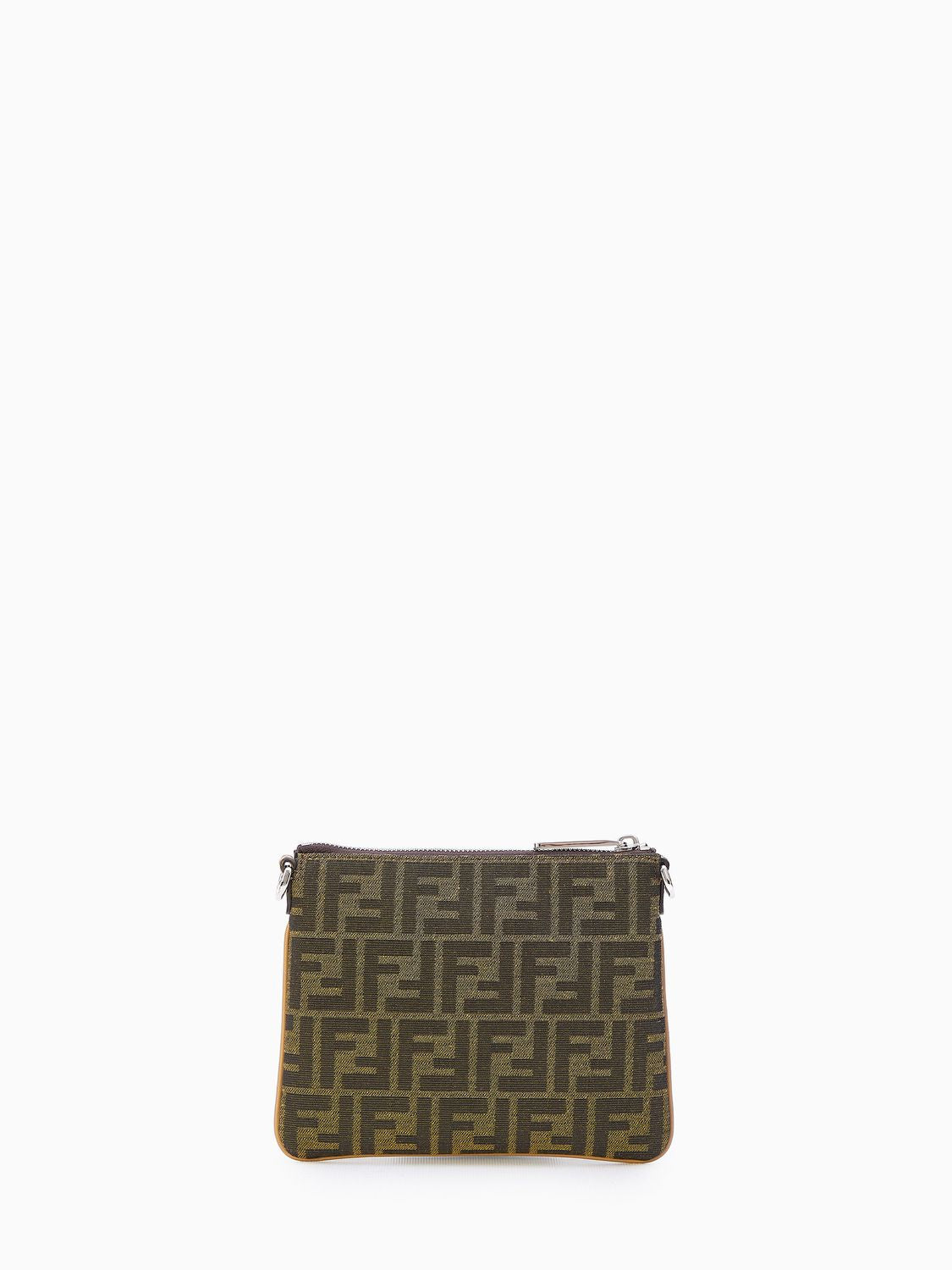 FENDI Mini Jacquard Crossbody Clutch in Tan with Beige Leather Accents, Adjustable Strap, and Zip Closure - 20.5x1 cm
