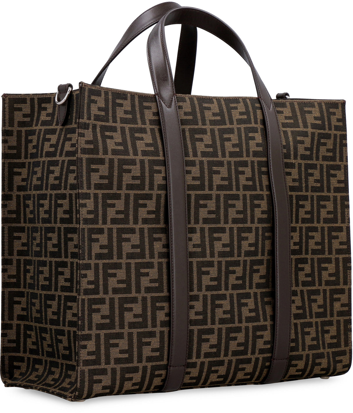 FF Logo Jacquard Fabric Tote Handbag with Leather Trimming