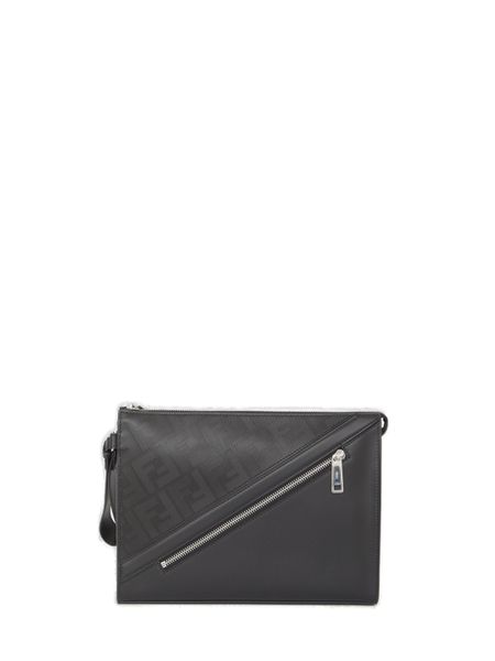 FENDI Men's Black Leather Clutch with Diagonal Design and Detachable Handle