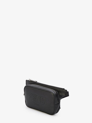 Black Grained Leather Belt Handbag with Adjustable Belt and Fendi Rome Logo