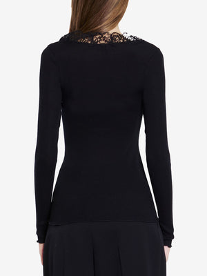 SAINT LAURENT Elegant Black Lace-Trim Wool-Silk Cardigan