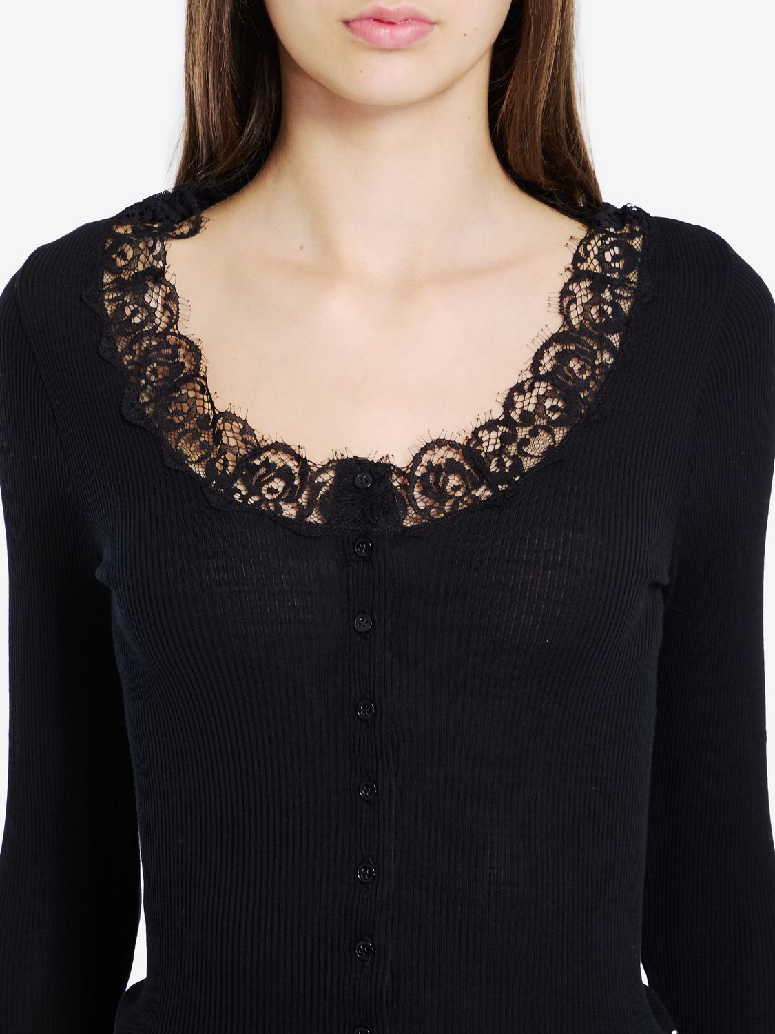 SAINT LAURENT Elegant Black Lace-Trim Wool-Silk Cardigan