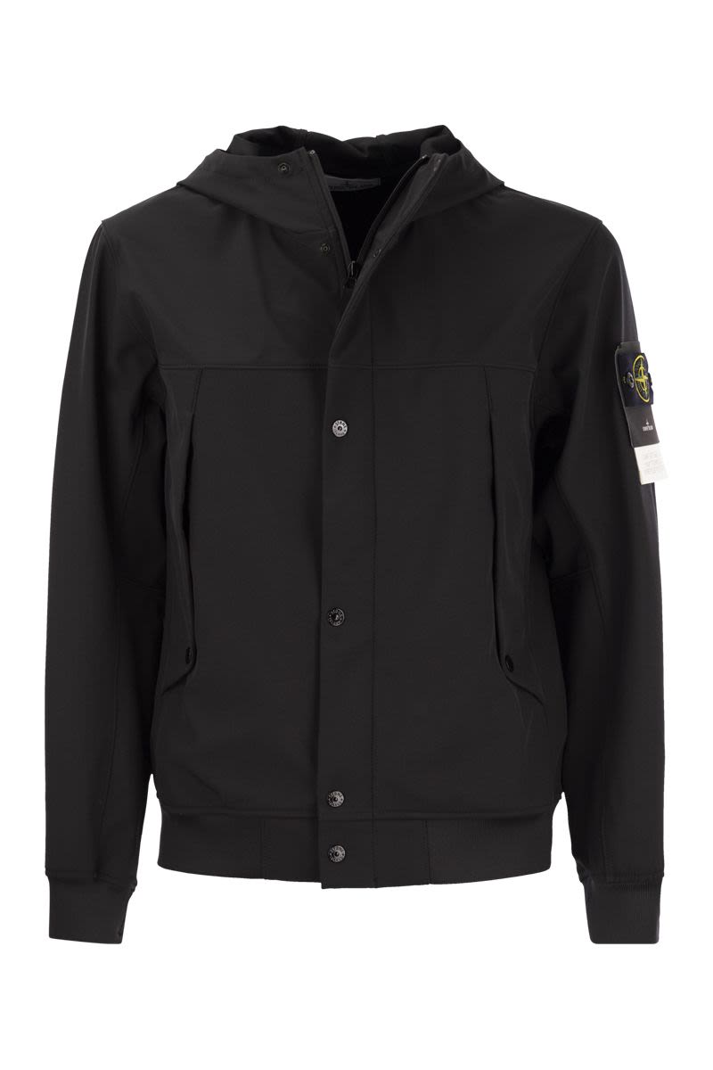 黒フード付きジャケット - 防風、耐水性、高いネック、ゆったりしたフード、ファスナー付き、2つのサイドポケット