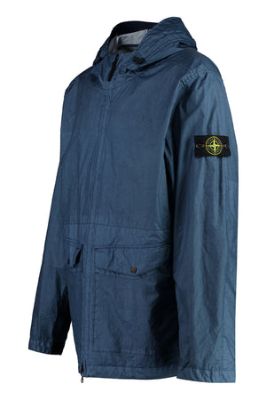 STONE ISLAND Blue Technical Hooded Jacket with Removable Patch